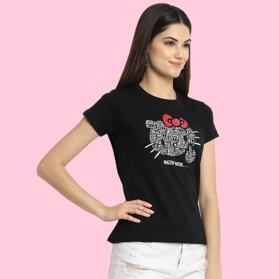Fabflee Printed, Typography Women Round Neck Black T-Shirt