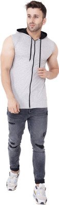 GEUM Solid Men Hooded Neck Grey T-Shirt