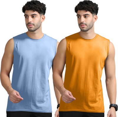 Adorbs Solid Men Round Neck Blue, Orange T-Shirt