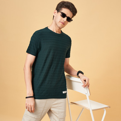 PEOPLE Self Design Men Round Neck Dark Green T-Shirt