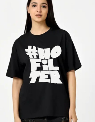 fashnobic Self Design Women Round Neck Black T-Shirt