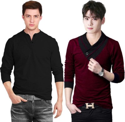 f Gallery Solid Men Henley Neck Black, Maroon T-Shirt