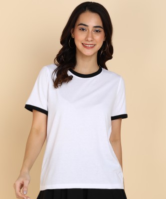 Adyavastram Solid Women Round Neck White T-Shirt