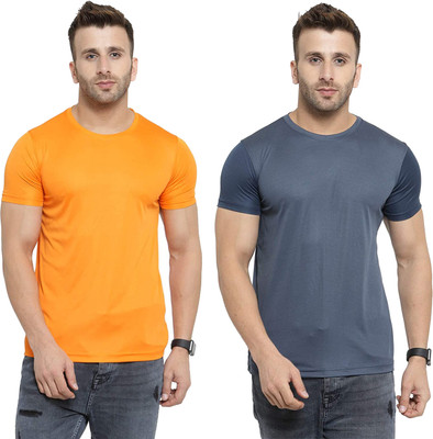 Renowned Solid Men Round Neck Yellow, Grey T-Shirt