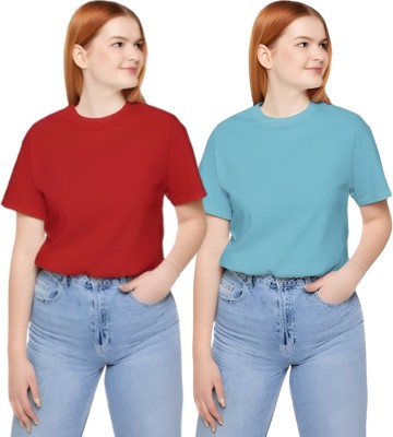 Lakuti Solid Women Round Neck Maroon, Blue T-Shirt