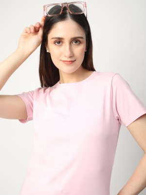 R&B Solid Women Round Neck Pink T-Shirt