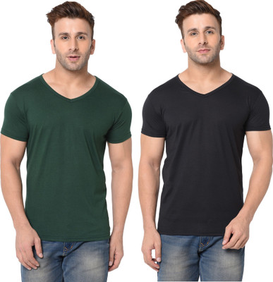 JB Jangoboy Solid Men V Neck Dark Green, Black T-Shirt