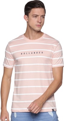 THE HOLLANDER Striped Men Round Neck Pink T-Shirt