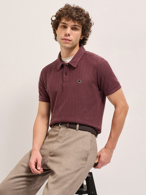 THE BEAR HOUSE Self Design Men Polo Neck Maroon T-Shirt