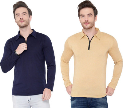 JB Jangoboy Solid Men Polo Neck Dark Blue, Beige T-Shirt