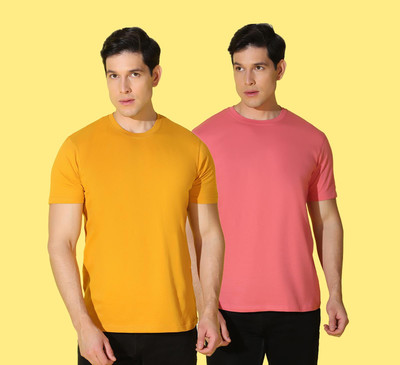 WOOSTRO Solid Men Round Neck Yellow, Pink T-Shirt