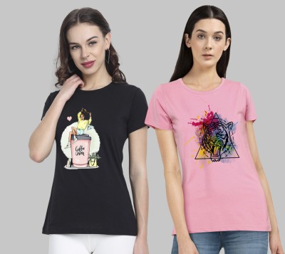 CHOZI Printed Women Round Neck Black, Pink T-Shirt