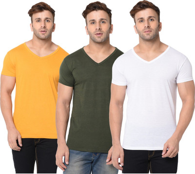 JB Jagoboy Self Design, Solid Men V Neck Dark Green, White, Yellow T-Shirt