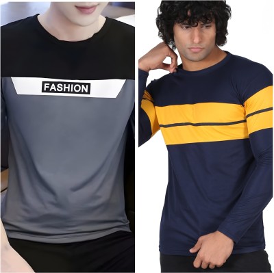 TEE TREE Solid Men Round Neck Grey, Navy Blue, Yellow T-Shirt