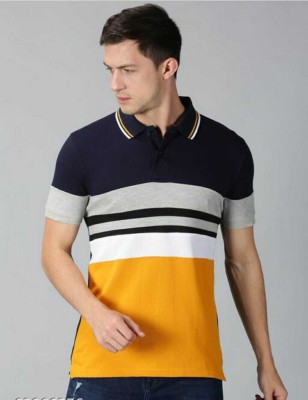 shreeji enterpise Striped Men Polo Neck Yellow T-Shirt