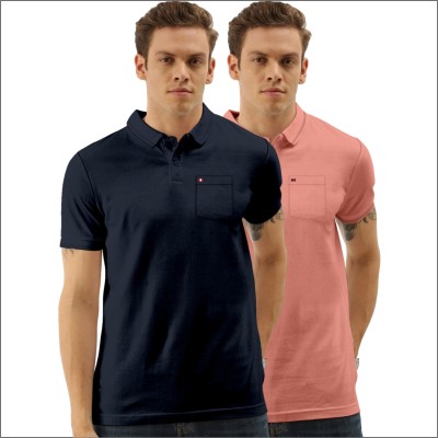 TAB91 Solid Men Polo Neck Navy Blue T-Shirt
