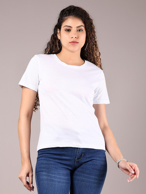 V-MART Self Design Women Round Neck White T-Shirt