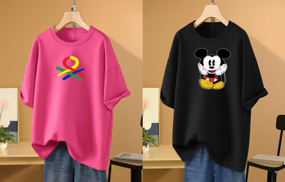 RAPTUROUS Printed Women Round Neck Pink, Black T-Shirt