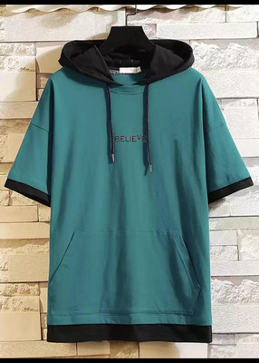 Bell Paper Solid Men Hooded Neck Green T-Shirt
