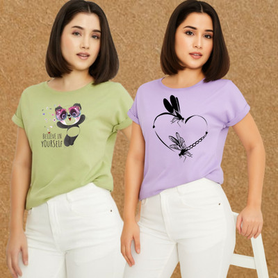 Kasendra Printed Women Round Neck Green, Purple T-Shirt