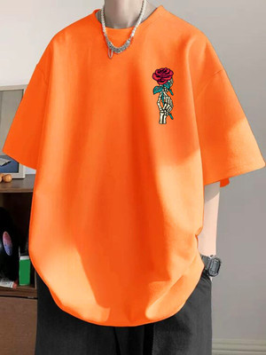 Cool Plus Printed, Floral Print Men Round Neck Orange T-Shirt