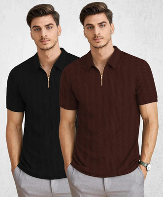 KAJARU Self Design Men Polo Neck Brown, Black T-Shirt