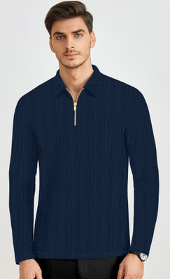 KAJARU Self Design Men Polo Neck Dark Blue T-Shirt