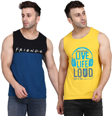 SLOWLORIS Printed Men Round Neck Yellow, Black, Dark Blue T-Shirt