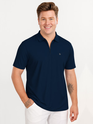 Bullmer Solid Men Polo Neck Navy Blue T-Shirt