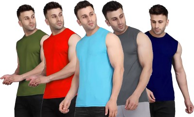 Think Tech Solid Men Round Neck Dark Green, Red, Light Blue, Grey, Dark Blue T-Shirt