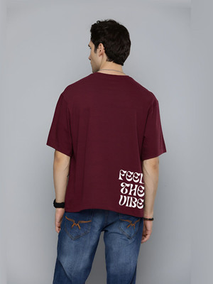 R.Code by The Roadster Life Co. Printed Men Round Neck Maroon T-Shirt