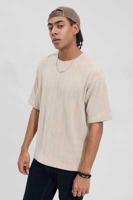 Snitch Self Design Men Crew Neck Beige T-Shirt