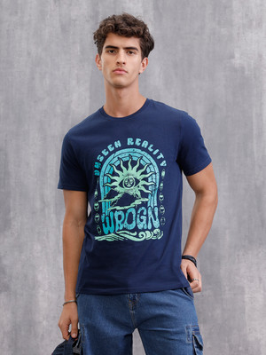WROGN Solid Men Crew Neck Navy Blue T-Shirt