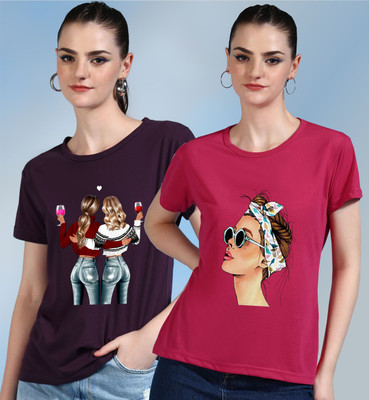 CHOZI Printed Women Round Neck Pink, Purple T-Shirt