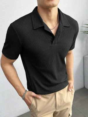 Jump Cuts Striped Men Polo Neck Black T-Shirt