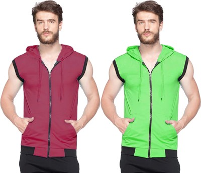 Adorbs Solid Men Hooded Neck Maroon, Light Green T-Shirt