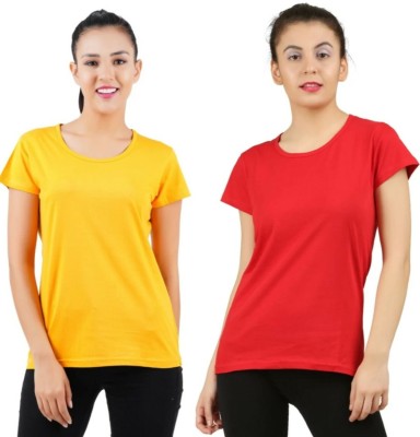 Shadueblo Solid Women Round Neck Yellow, Red T-Shirt