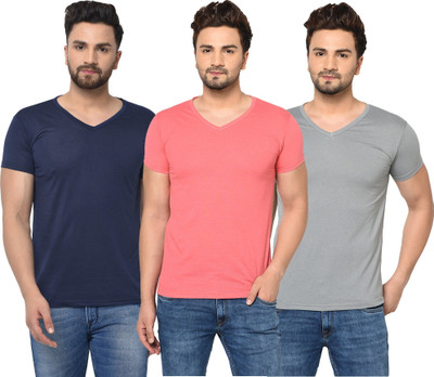 JB Jagoboy Self Design Men V Neck Dark Blue, Pink, Grey T-Shirt