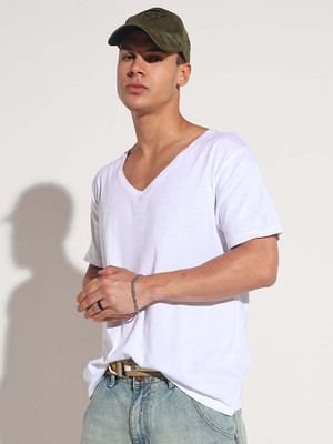 SHOWOFFFF Solid Men V Neck White T-Shirt