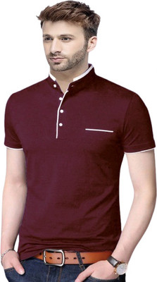 Reya Solid Men Mandarin Collar Maroon T-Shirt