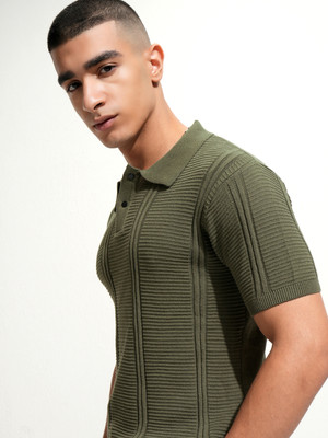 HIGHLANDER Self Design Men Polo Neck Green T-Shirt