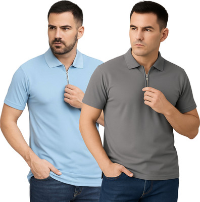 BLACK COOL Solid Men Polo Neck Light Blue, Grey T-Shirt