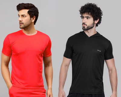 UDI n ADI Solid Men Round Neck Red, Black T-Shirt