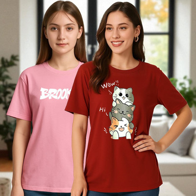 Elvia Graphic Print Women Round Neck Maroon, Pink T-Shirt