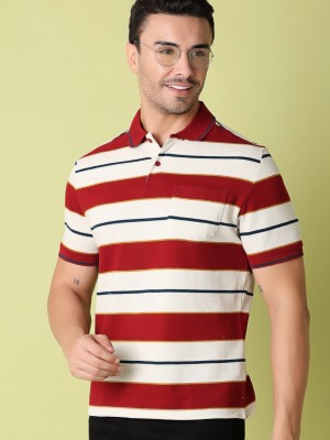 V-MART Striped Men Polo Neck Maroon T-Shirt