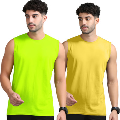 Adorbs Solid Men Round Neck Green, Yellow T-Shirt