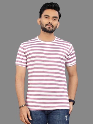 Semizoxis Striped Men Round Neck Pink, White T-Shirt