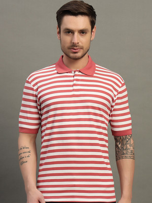 SZN Striped Men Polo Neck Pink T-Shirt
