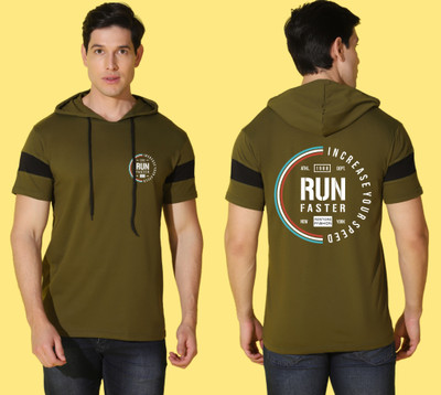 WOOSTRO Printed Men Hooded Neck Dark Green T-Shirt
