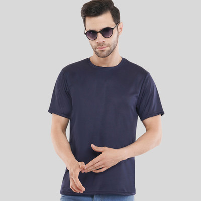 Six Abodes Solid Men Round Neck Blue T-Shirt